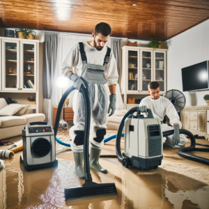 A water damage restoration team with specialized equipment